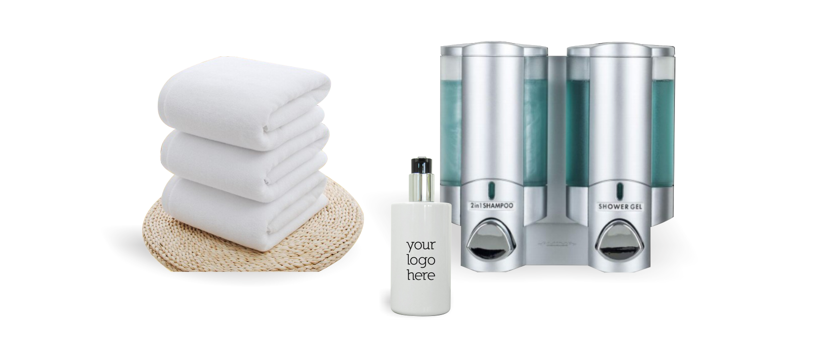White hospitality linen and refillable guest amenity dispensers